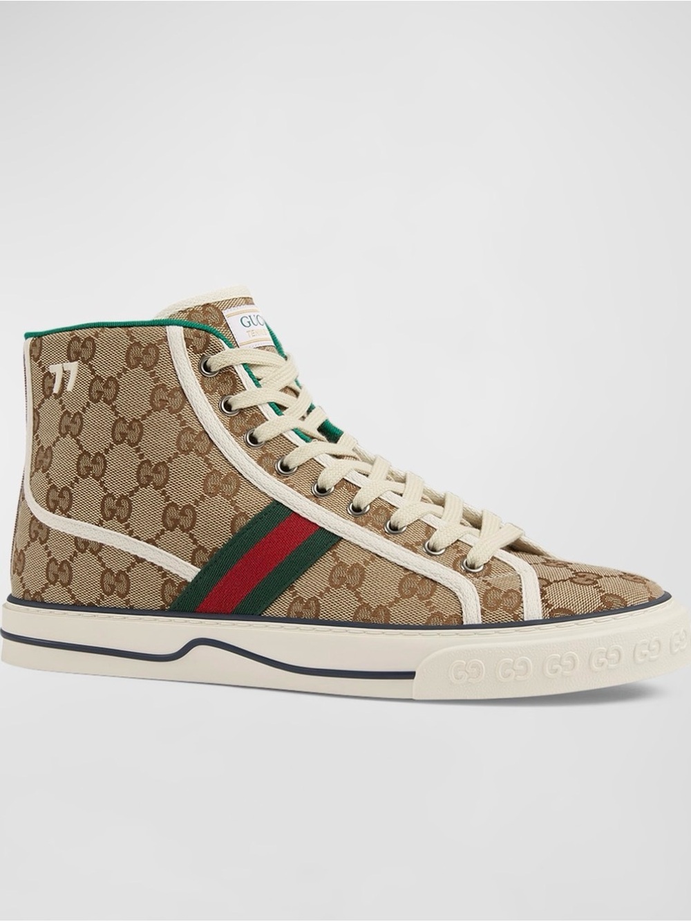 Gucci Beige GG Canvas High-Top Sneaker with Green & Red Web